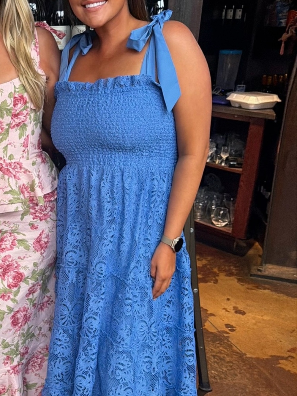 Hill House Blue Lace Tie-Shoulder Maxi Dress with Smocked Bodice